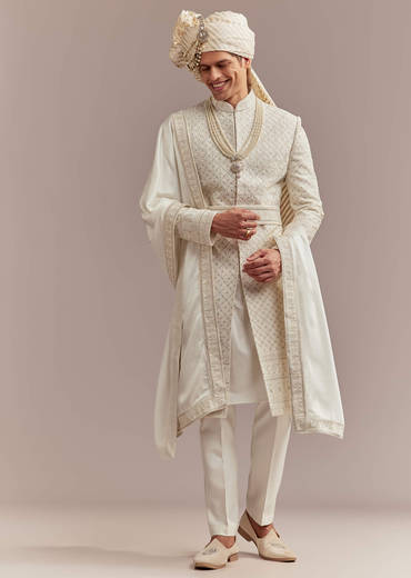 Cream Silk Sherwani For Groom With Mughal Inspired Motifs