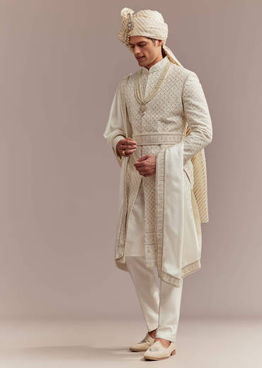 Cream Silk Sherwani For Groom With Mughal Inspired Motifs
