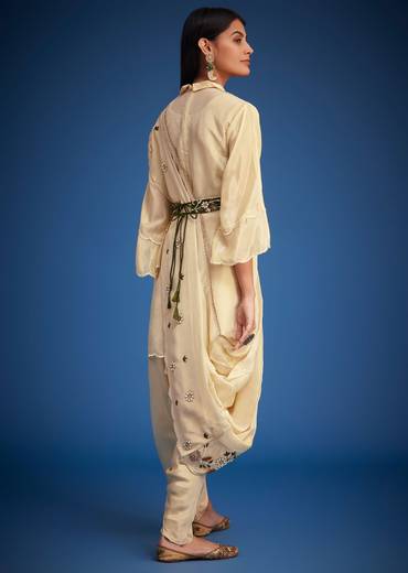 Cream Tissue Embroidered Dhoti Set