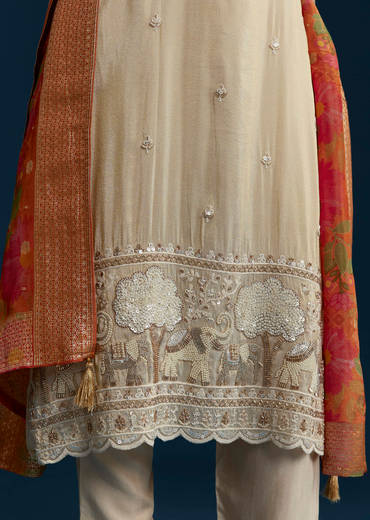 Cream Tissue Kurta Set with Bead Work