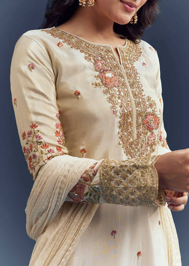 Cream Tissue Kurta Set With Resham And Zardosi Work