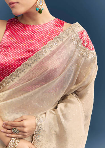 Cream Tissue Organza Saree With Intricate Hand Embroidery