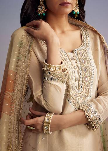Cream Tissue Palazzo Suit With Mirror And Moti Embroidery And Dupatta