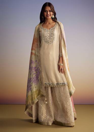 Cream Tissue Palazzo Suit With Mirror And Moti Embroidery And Dupatta