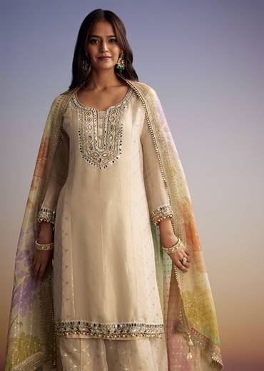 Cream Tissue Palazzo Suit With Mirror And Moti Embroidery And Dupatta