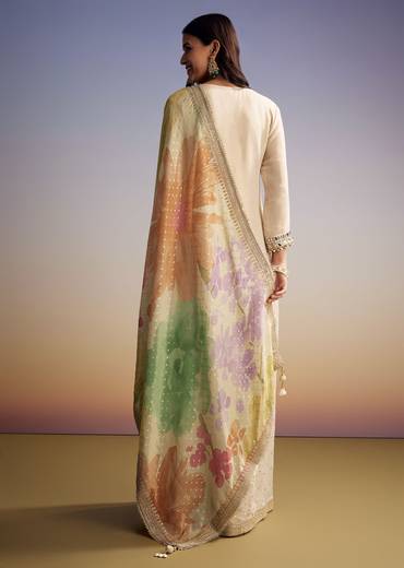 Cream Tissue Palazzo Suit With Mirror And Moti Embroidery And Dupatta