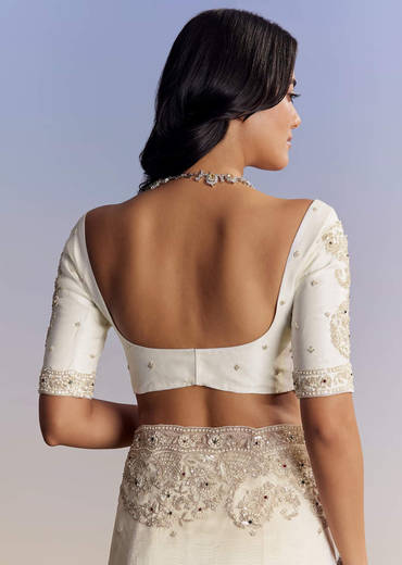 Cream Tissue Saree With Sequins Floral Embroidery