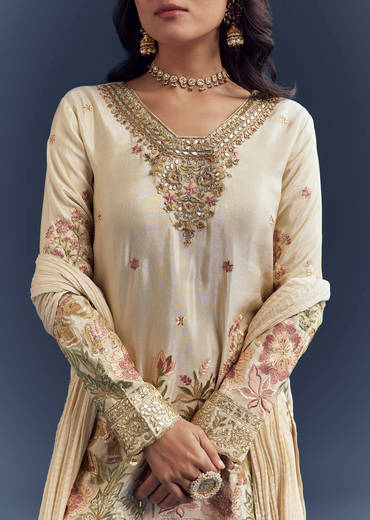Cream Tissue Sharara Suit With Resham Hand Embroidery