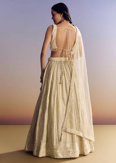 Cream White Banarasi Lehenga Set With Cut Dana Choli