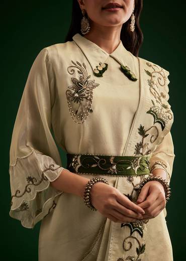 Cream White Tissue Kurta Dhoti With Dupatta And Belt