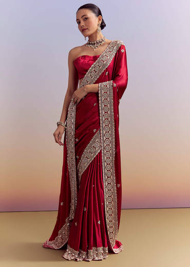 Crimson Red Satin Saree With Floral Border And Butti
