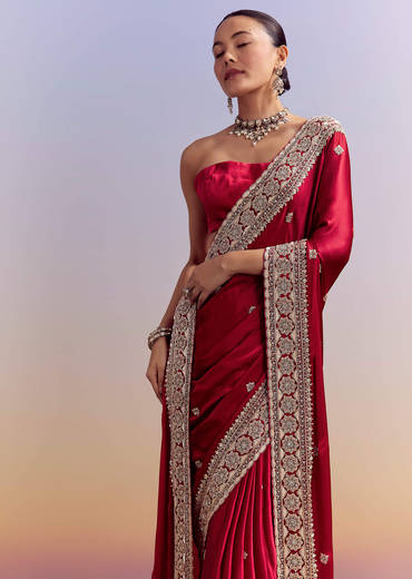 Crimson Red Satin Saree With Floral Border And Butti