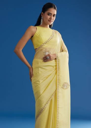 Lemon Yellow Crushed Tissue Saree With Embroidered Scallop Border