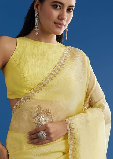 Lemon Yellow Crushed Tissue Saree With Embroidered Scallop Border