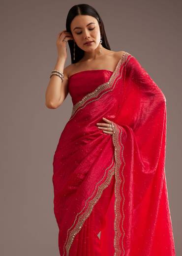 Red Crushed Tissue Silk Saree With Cutdana Scallop Border