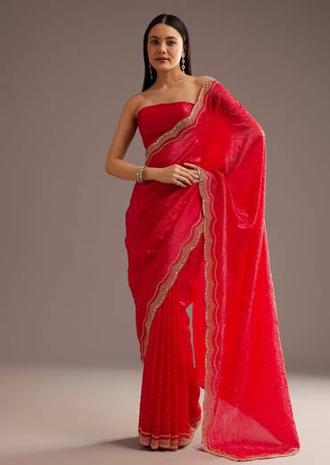 Red Crushed Tissue Silk Saree With Cutdana Scallop Border