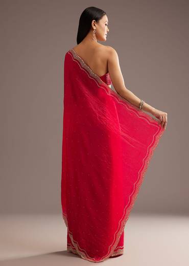 Red Crushed Tissue Silk Saree With Cutdana Scallop Border