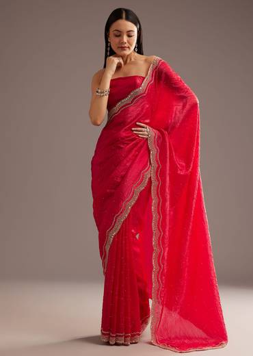 Red Crushed Tissue Silk Saree With Cutdana Scallop Border
