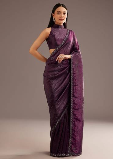 Wine Crushed Tissue Silk Saree With Cutdana Scallop Border