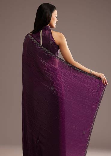 Wine Crushed Tissue Silk Saree With Cutdana Scallop Border