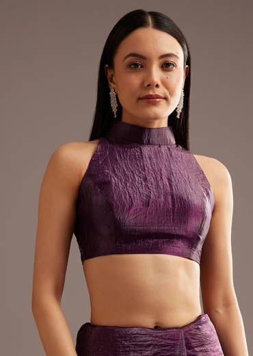 Wine Crushed Tissue Silk Saree With Cutdana Scallop Border