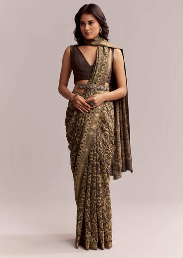 Dark Beige Linen Printed Saree With Authentic Floral Ajrakh Print