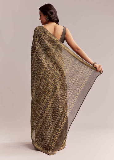 Dark Beige Linen Printed Saree With Authentic Floral Ajrakh Print