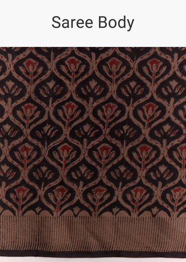 Dark Blue Linen Saree With Authentic Ajrakh Print And Golden Pallu