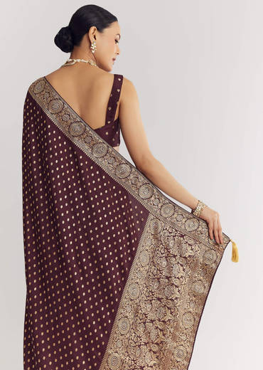 Dark Brown Dola Silk Saree With Floral And Butti Work