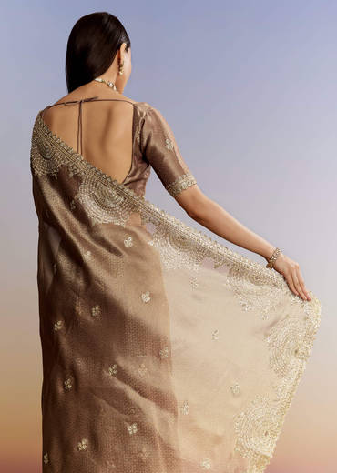 Dark Brown Jacquard Tissue Saree With Zigzag Zardosi Border