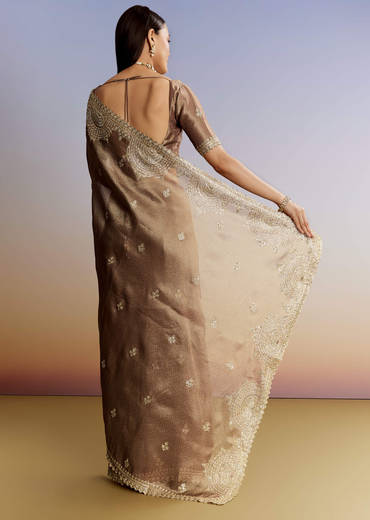 Dark Brown Jacquard Tissue Saree With Zigzag Zardosi Border