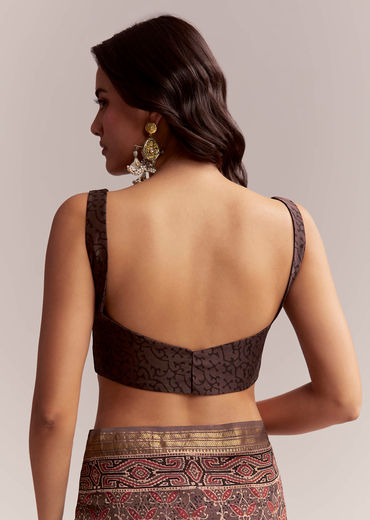 Dark Brown Linen Printed Saree With Authentic Ajrakh Print