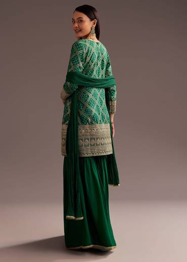 Dark Green Bandhani Zardosi Kurta Sharara Dupatta Set