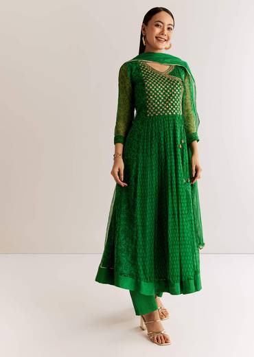 Dark Green Chiffon Angrakha Anarkali With Floral And Sequin Yoke