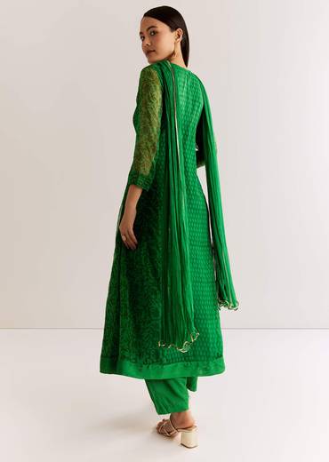 Dark Green Chiffon Angrakha Anarkali With Floral And Sequin Yoke