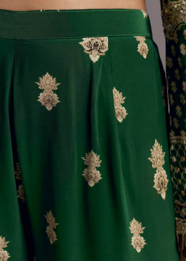 Dark Green Printed Crepe Palazzo Set With Keyhole Neckline