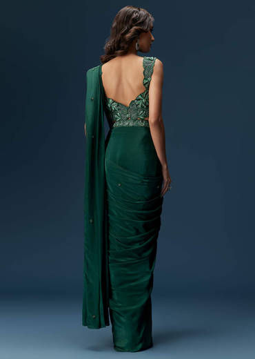 Dark Green Ready Pleated Saree With Embellished Blouse