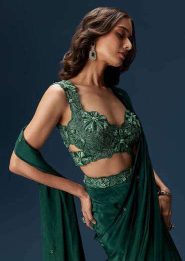 Dark Green Ready Pleated Saree With Embellished Blouse