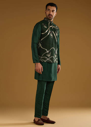 Dark Green Silk Kurta Jacket Set For Men With Gota Work