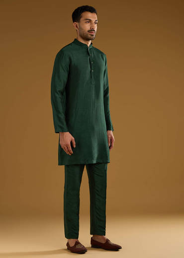 Dark Green Silk Kurta Jacket Set For Men With Gota Work