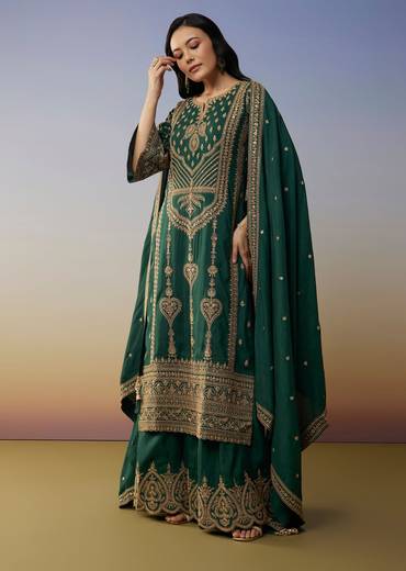 Dark Green Silk Palazzo Suits with Zari Thread Sequins Work
