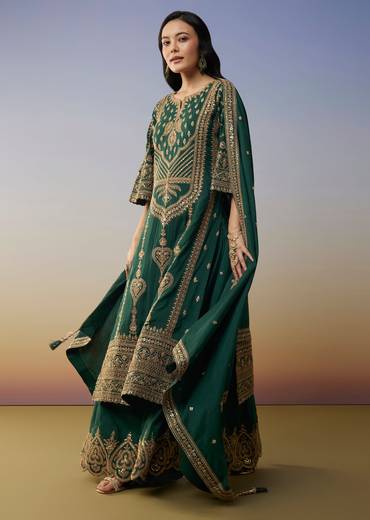 Dark Green Silk Palazzo Suits with Zari Thread Sequins Work
