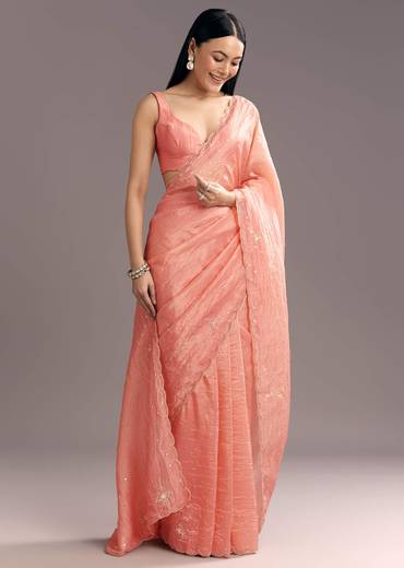 Dark Peach Crushed Tissue Embroidered Saree With Scallop Border