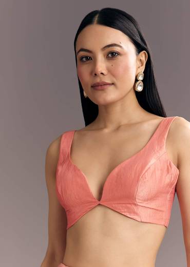 Dark Peach Crushed Tissue Embroidered Saree With Scallop Border