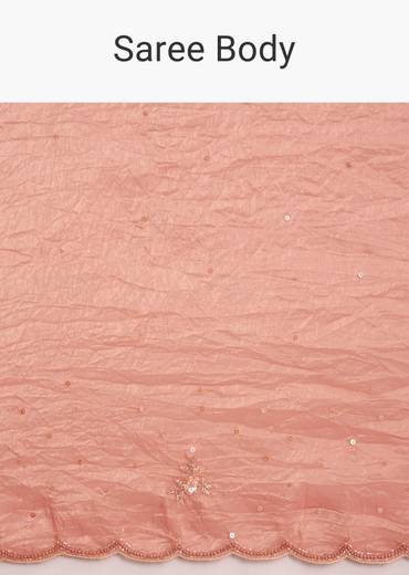 Dark Peach Crushed Tissue Embroidered Saree With Scallop Border