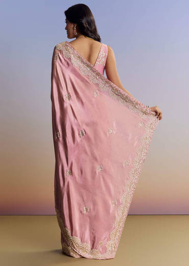 Dark Peach Tissue Saree With Gota Patti Embroidery