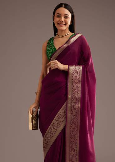 Dark Wine Crepe Silk Saree With Zari Border And Contrast Blouse