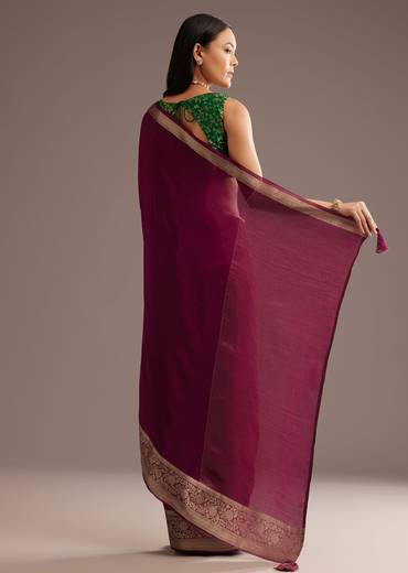 Dark Wine Crepe Silk Saree With Zari Border And Contrast Blouse