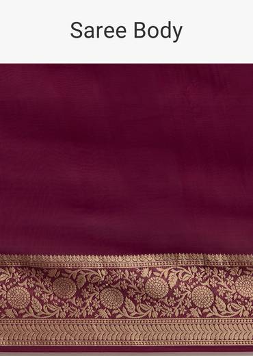 Dark Wine Crepe Silk Saree With Zari Border And Contrast Blouse