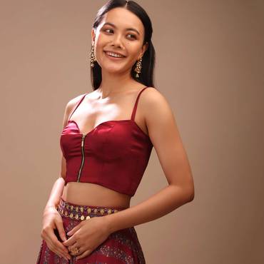 Deep Red Blouse In Satin With Front Zip Closure, Strap Sleeves And Corset Neckline